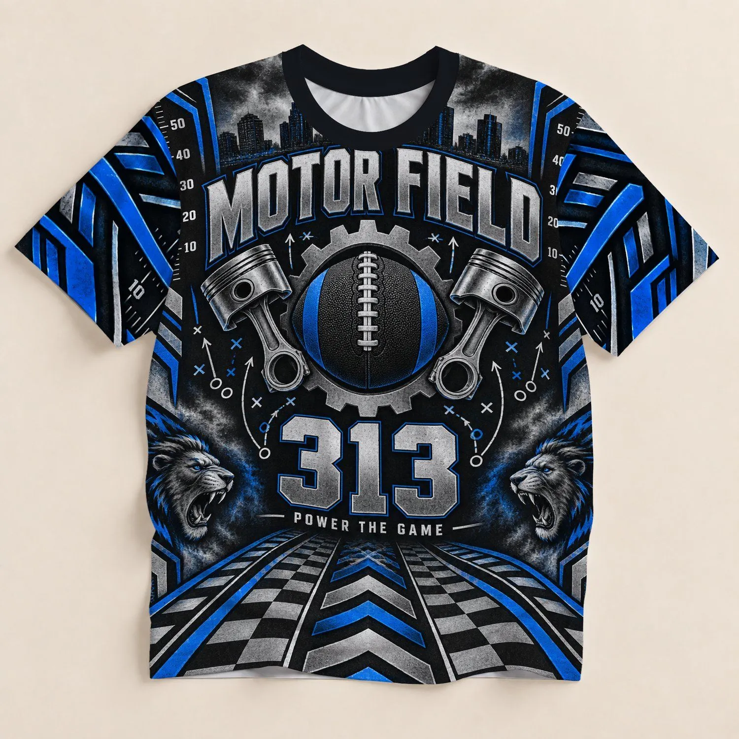 Blue Silver Football Field Motif for Detroit Game Day and Halloween Gift for Men All-over Print Unisex T-shirt - 1