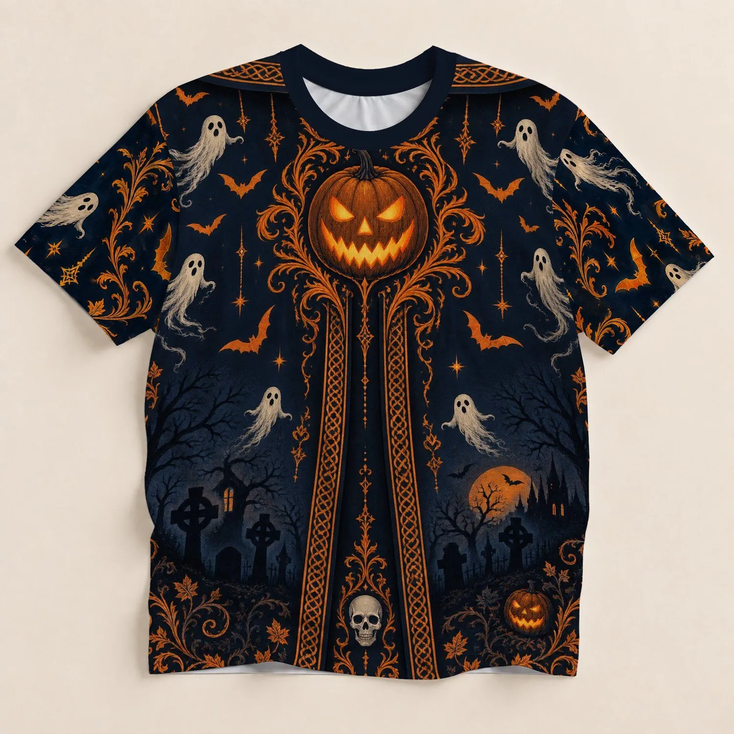 Haunted Pumpkin Ghosts Bats And Skulls For Halloween Parties And Gothic Nights All October All-over Print Unisex T-shirt - 1