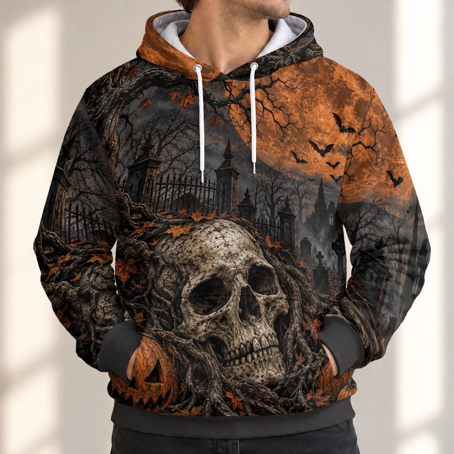 Skull Pumpkin Full Moon Halloween Scene for Eerie Autumn Nights and Haunted Gatherings All-over Print Hoodie (Lightweight) - 1