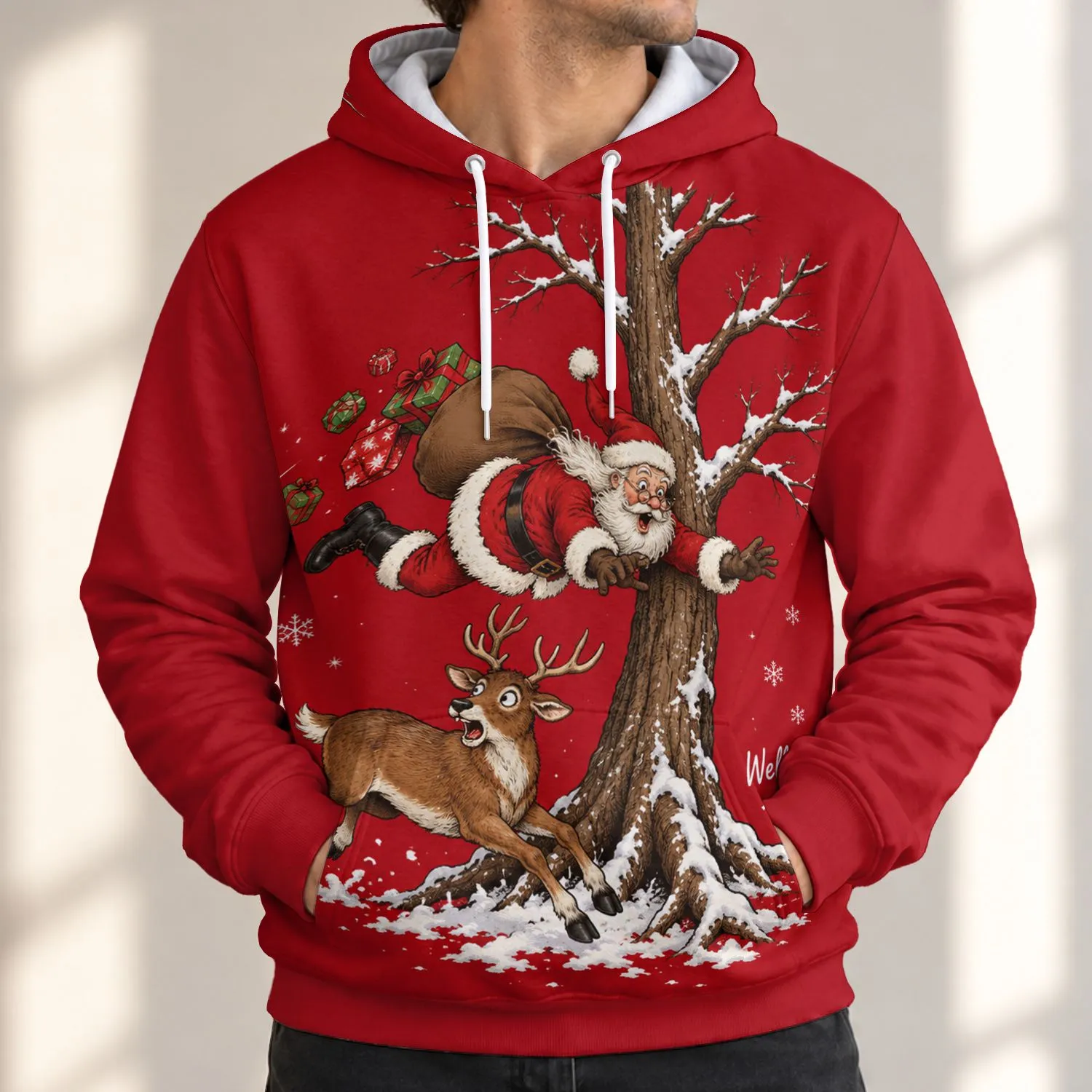Santa, Reindeer and Snowy Tree Holiday Humor for Festive Winter Gatherings All-over Print Hoodie (Lightweight) - 1