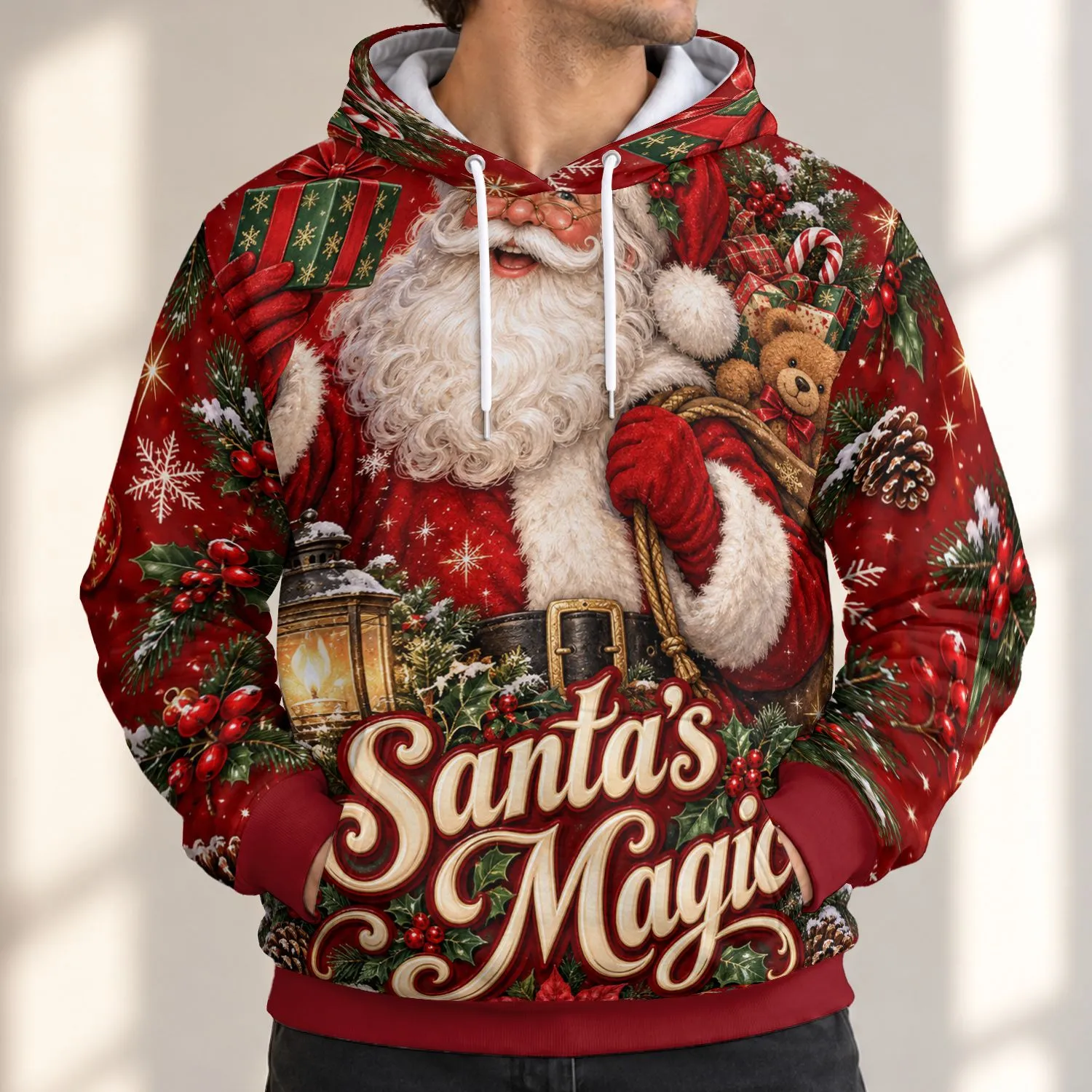 Jolly Gift-Bearing Santa for Christmas Celebrations and Cozy Holiday Gatherings All-over Print Hoodie (Lightweight) - 1