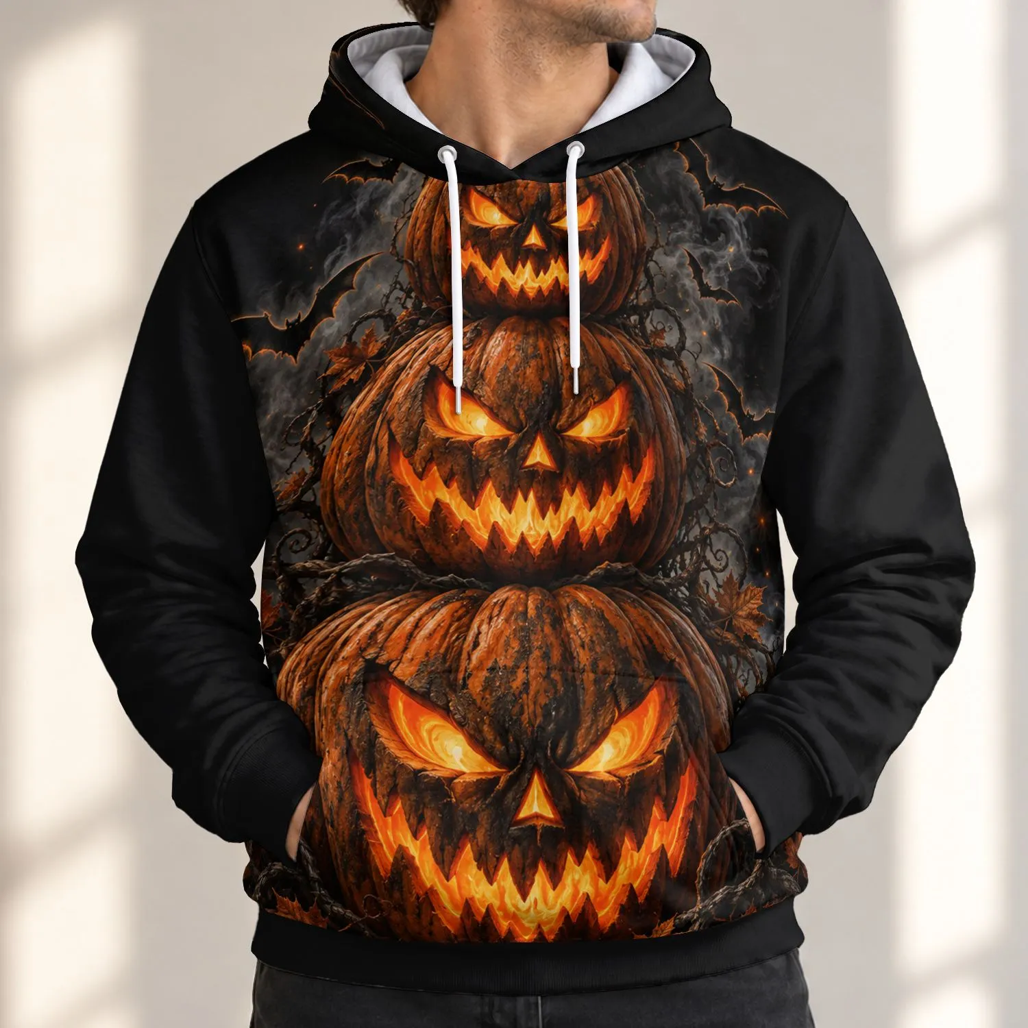 Stacked Fiery Jack-O’-Lanterns for Halloween Night Celebrations and Autumn Parties All-over Print Hoodie (Lightweight) - 1