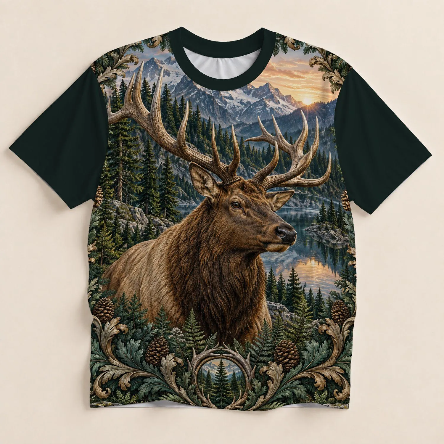 Elk Mountain Forest Scene for Hiking, Camping and Everyday Outdoor Adventures All-over Print Unisex T-shirt - 1
