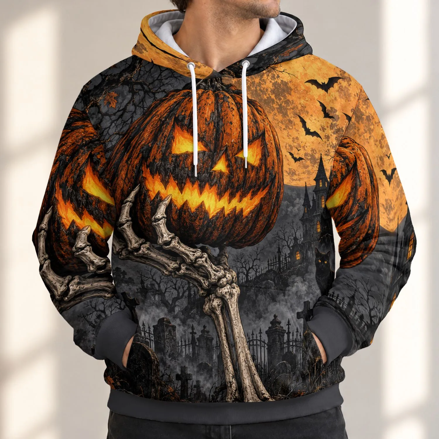 Jack-O'-Lantern Graveyard Scene for Halloween Parties and Spooky Autumn Nights Outings All-over Print Hoodie (Lightweight) - 1