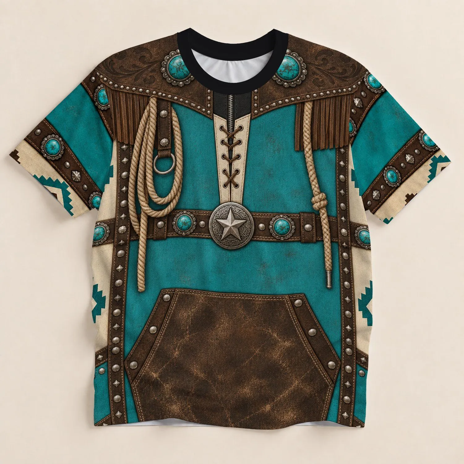 Western Turquoise Ranch Outfit with Fringe and Rope Details for Outdoor Rodeo Days Men All-over Print Unisex T-shirt - 1