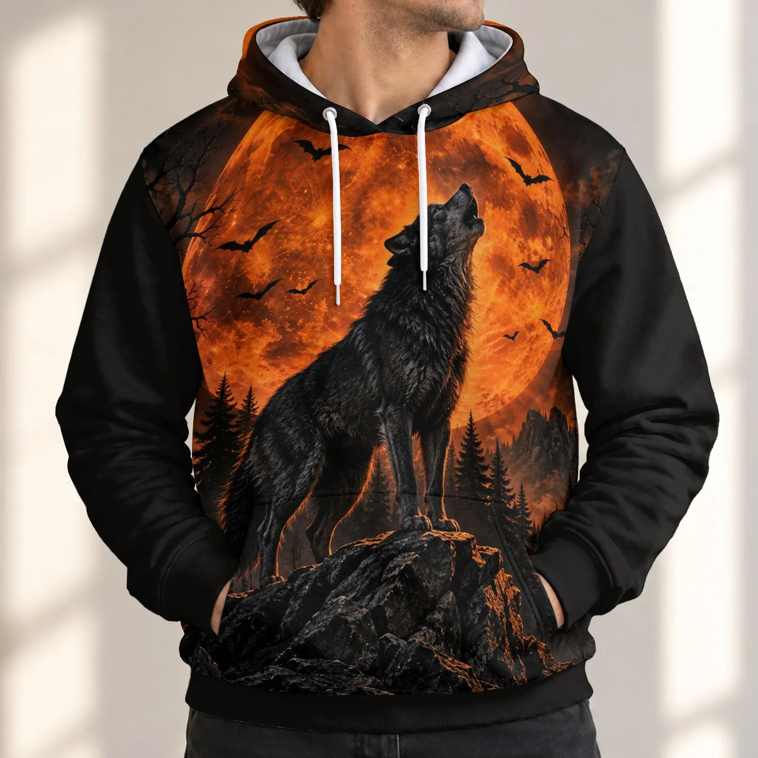Howling Wolf Full Moon Forest Scene for Halloween Nights and Autumn Outdoor Wear All-over Print Hoodie (Lightweight) - 1