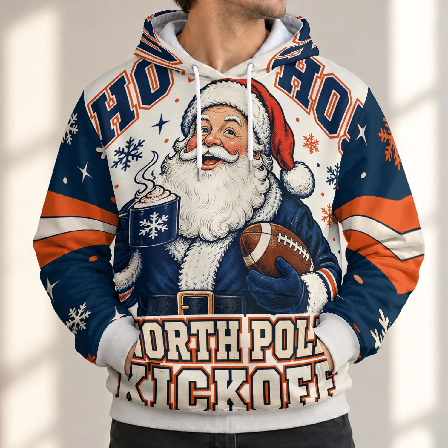 Santa Football Holiday Cheer for Christmas Game Day Gatherings and Winter Parties with Cocoa All-over Print Hoodie (Lightweight) - 1