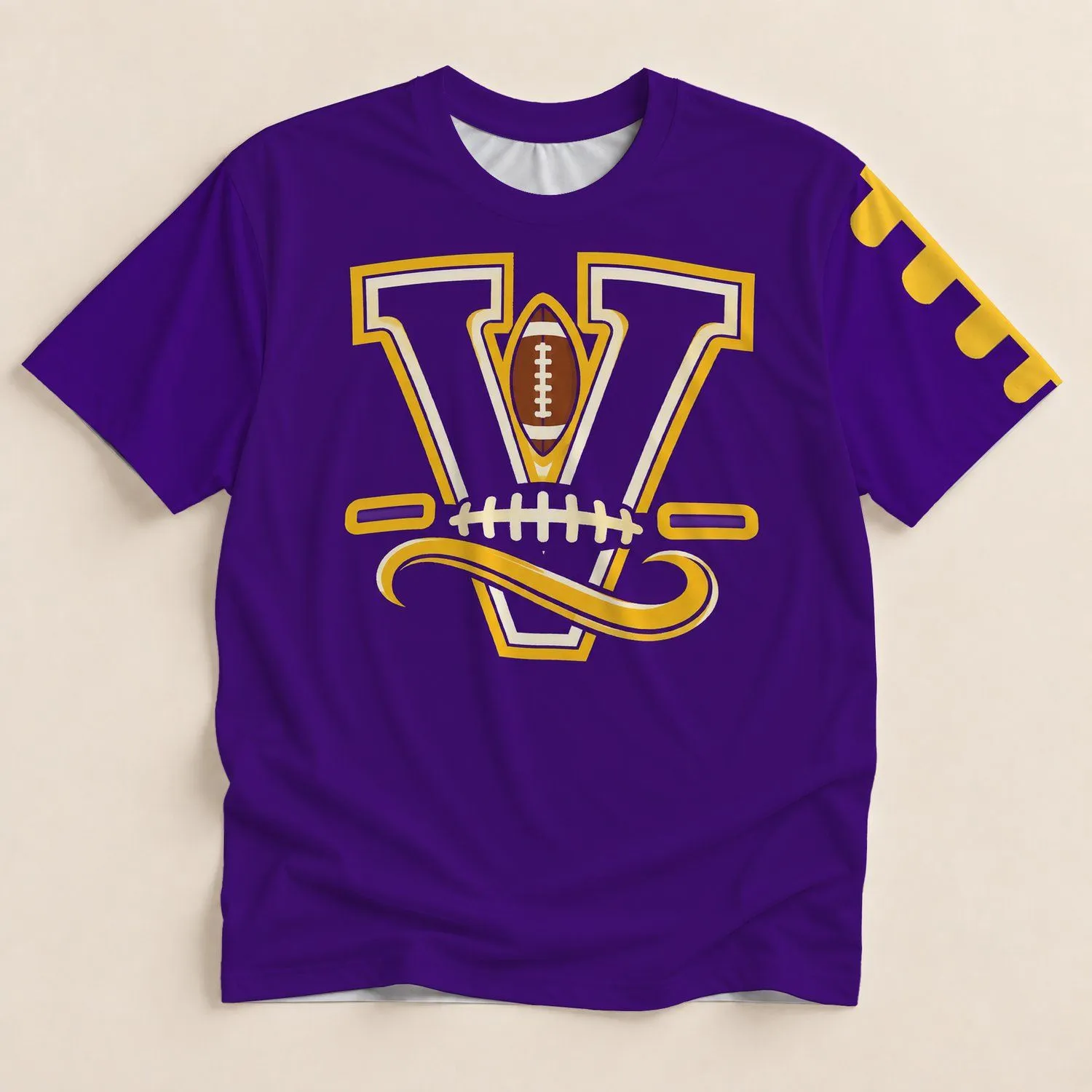 Purple Gold Football V Emblem for College Game Day Tailgates and Fan Gatherings All-over Print Unisex T-shirt - 1