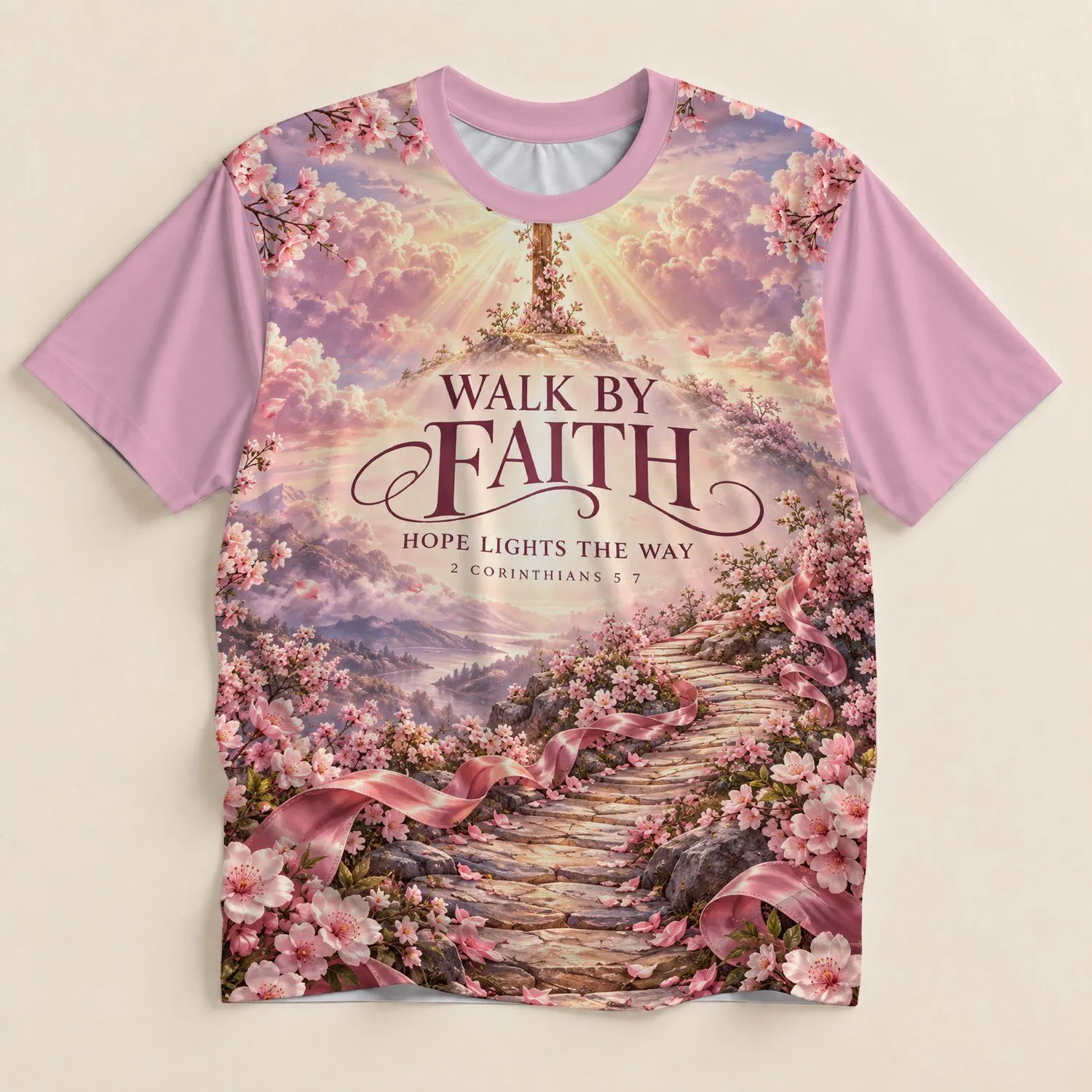 Pink Cherry Blossom Faith Cross And Pathway For Christian Inspiration And Devotion All-over Print Unisex T-shirt - 1