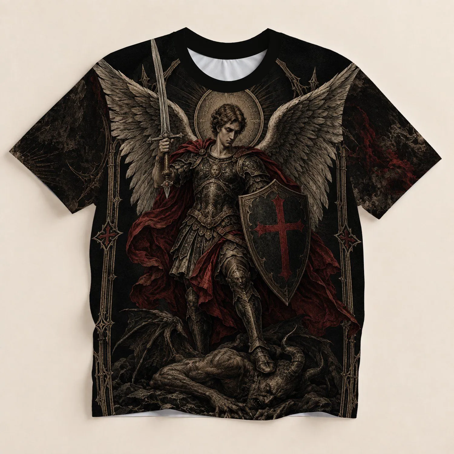 Winged Celestial Warrior and Shield for Gothic Devotional Style Enthusiasts All-over Print Unisex T-shirt - 1