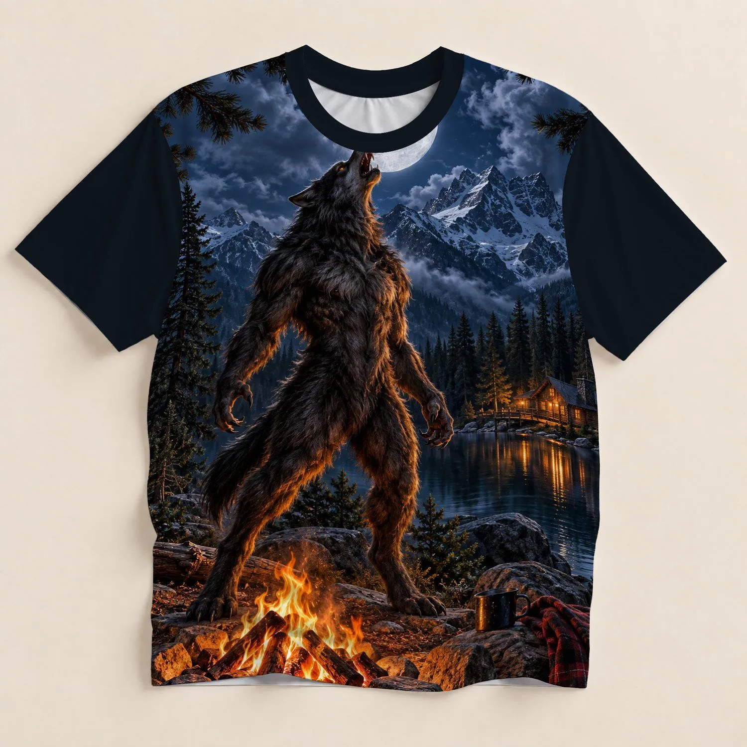 Howling Werewolf Beneath Full Moon in Mountain Cabin Wilderness for Camping Nights All-over Print Unisex T-shirt - 1