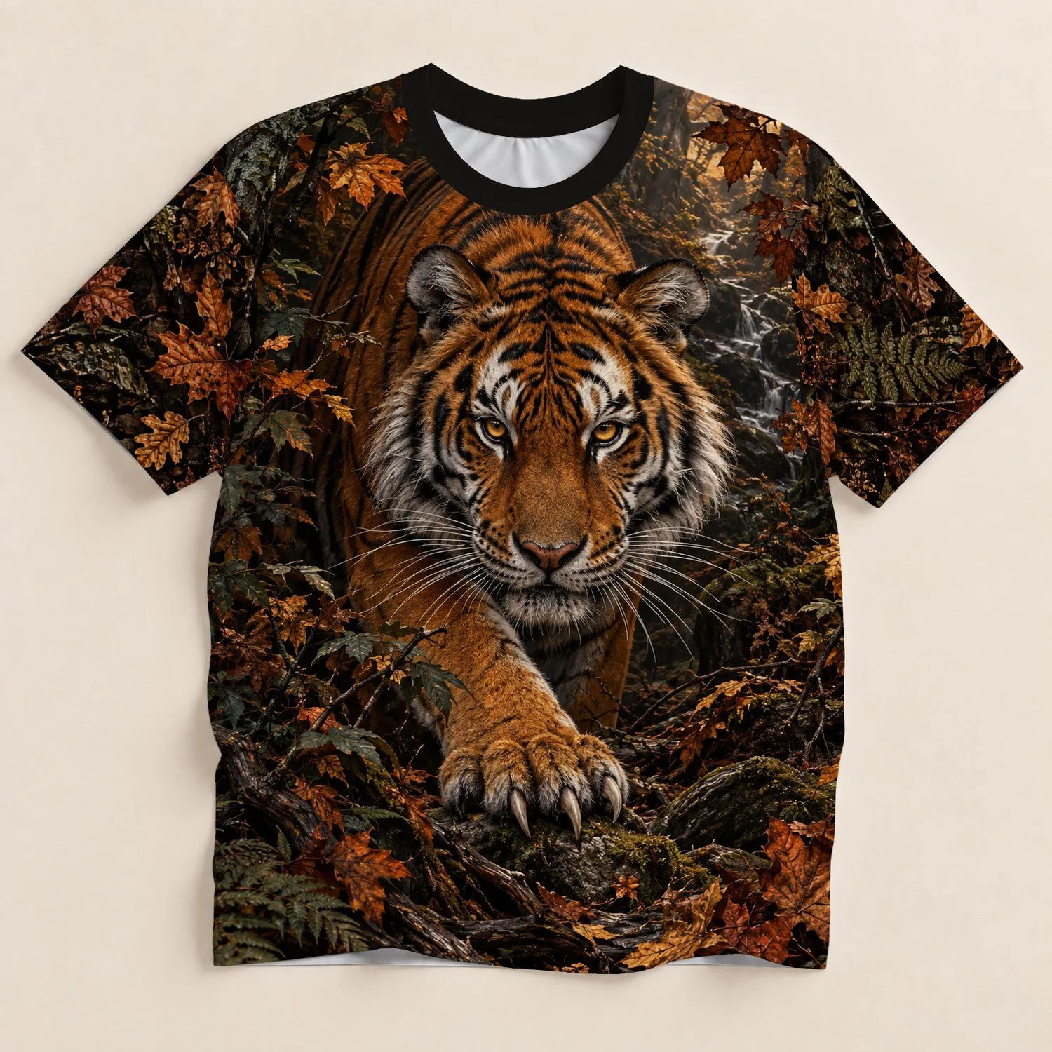 Majestic Tiger In Autumn Woodland For Hiking, Camping And Outdoor Wildlife Lovers All-over Print Unisex T-shirt - 1