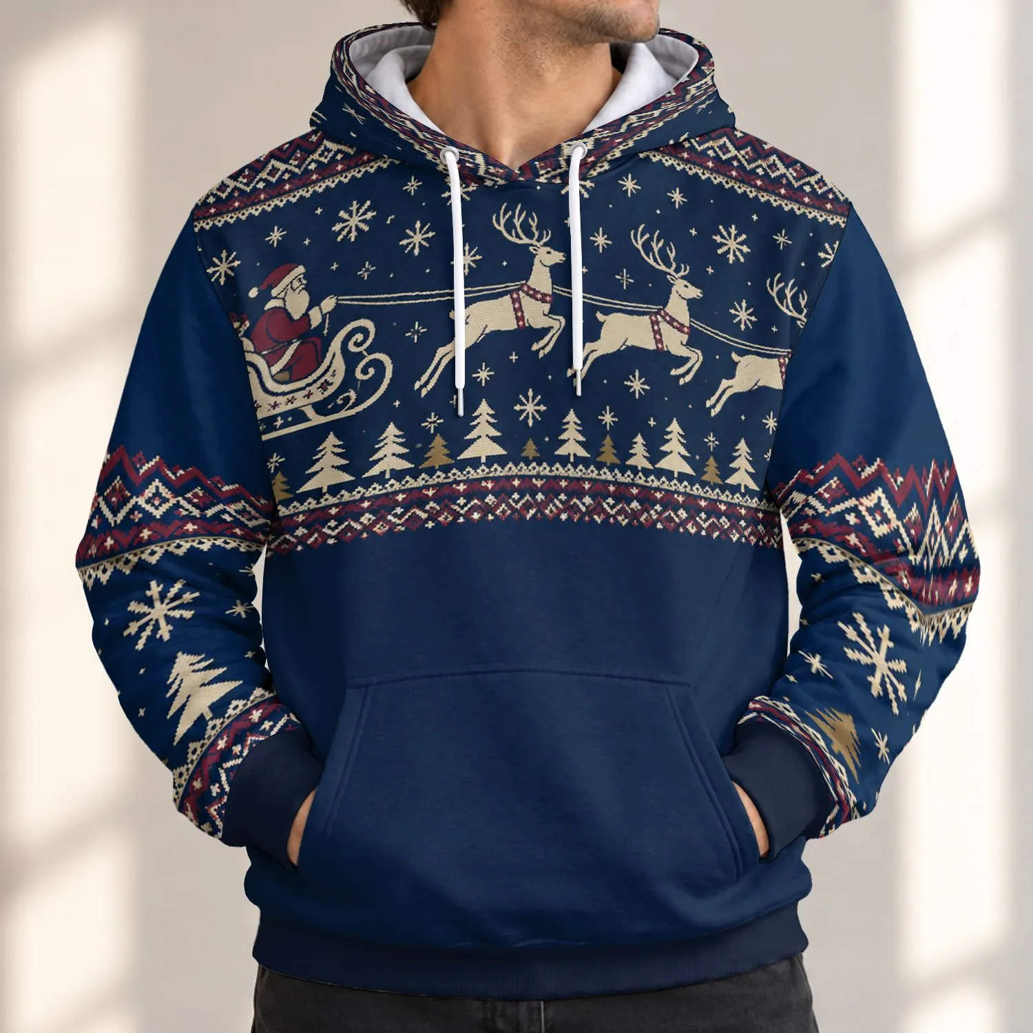 Santa Sleigh, Reindeer, Snowflakes and Pine Trees for Cozy Christmas Celebrations All-over Print Hoodie (Lightweight) - 1