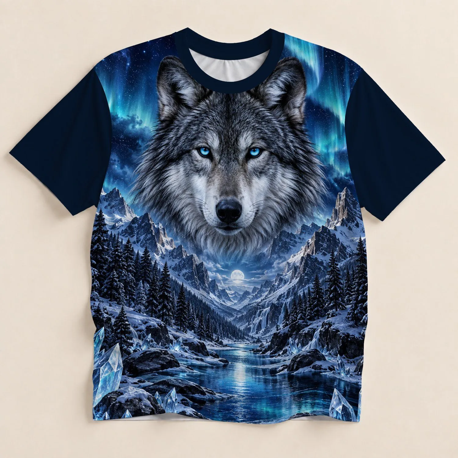 Howling Wolf Under Aurora Over Icy Mountains for Outdoor Adventure and Nature Lovers All-over Print Unisex T-shirt - 1