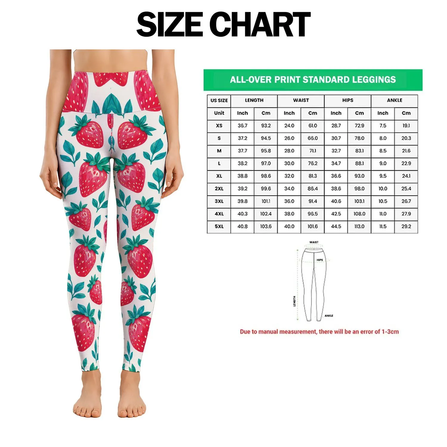 Bright Strawberry and Teal Leaf Motifs for Yoga, Pilates and Everyday Summer Style Leggings - 1