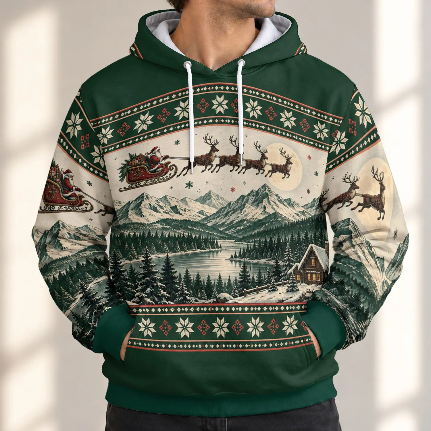 Santa Sleigh and Reindeer Over Snowy Cabin for Cozy Christmas Holiday Gatherings All-over Print Hoodie (Lightweight) - 1