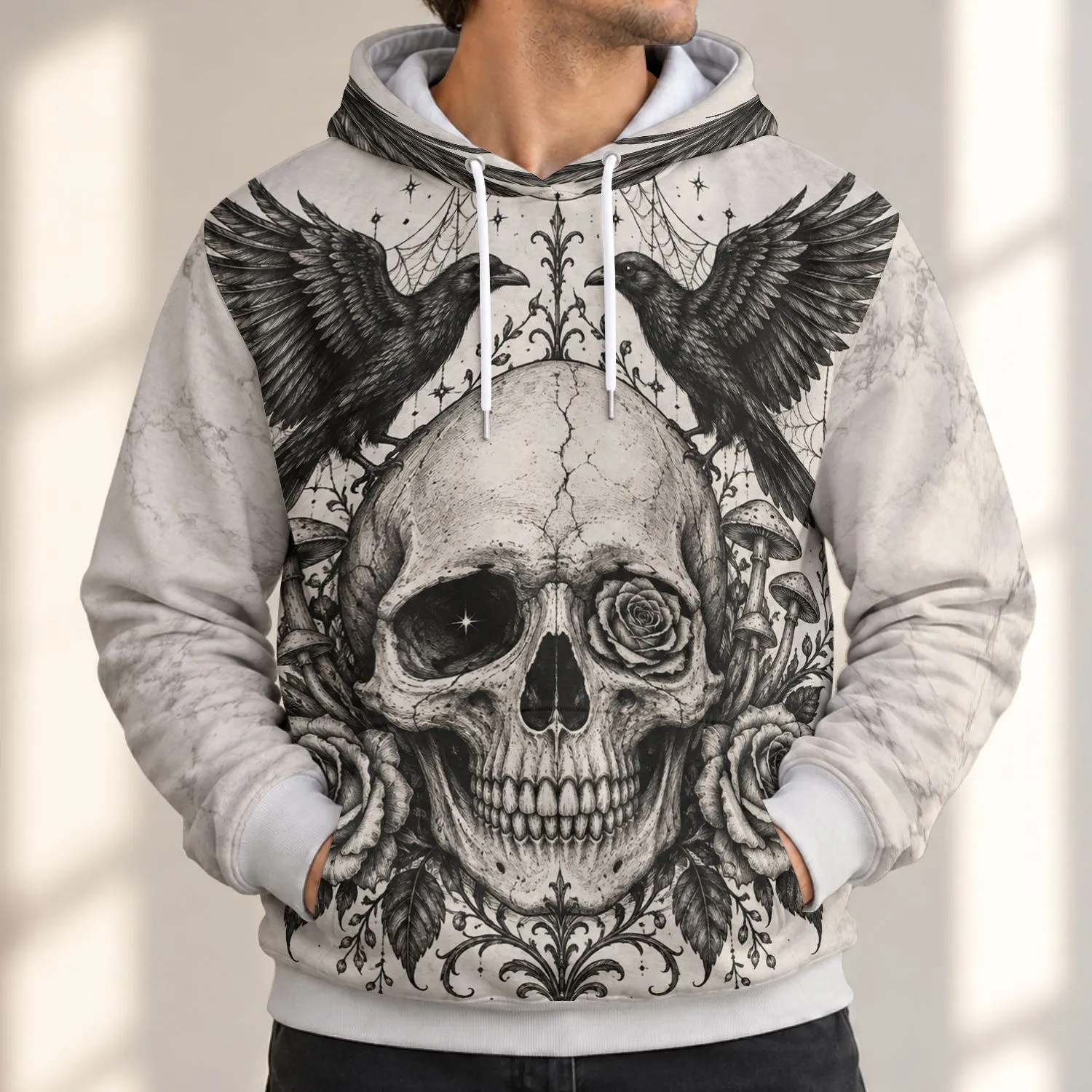 Gothic Skull, Crow, Moon and Roses for Dark Academia Autumn Occult Style Lovers All-over Print Hoodie (Lightweight) - 1