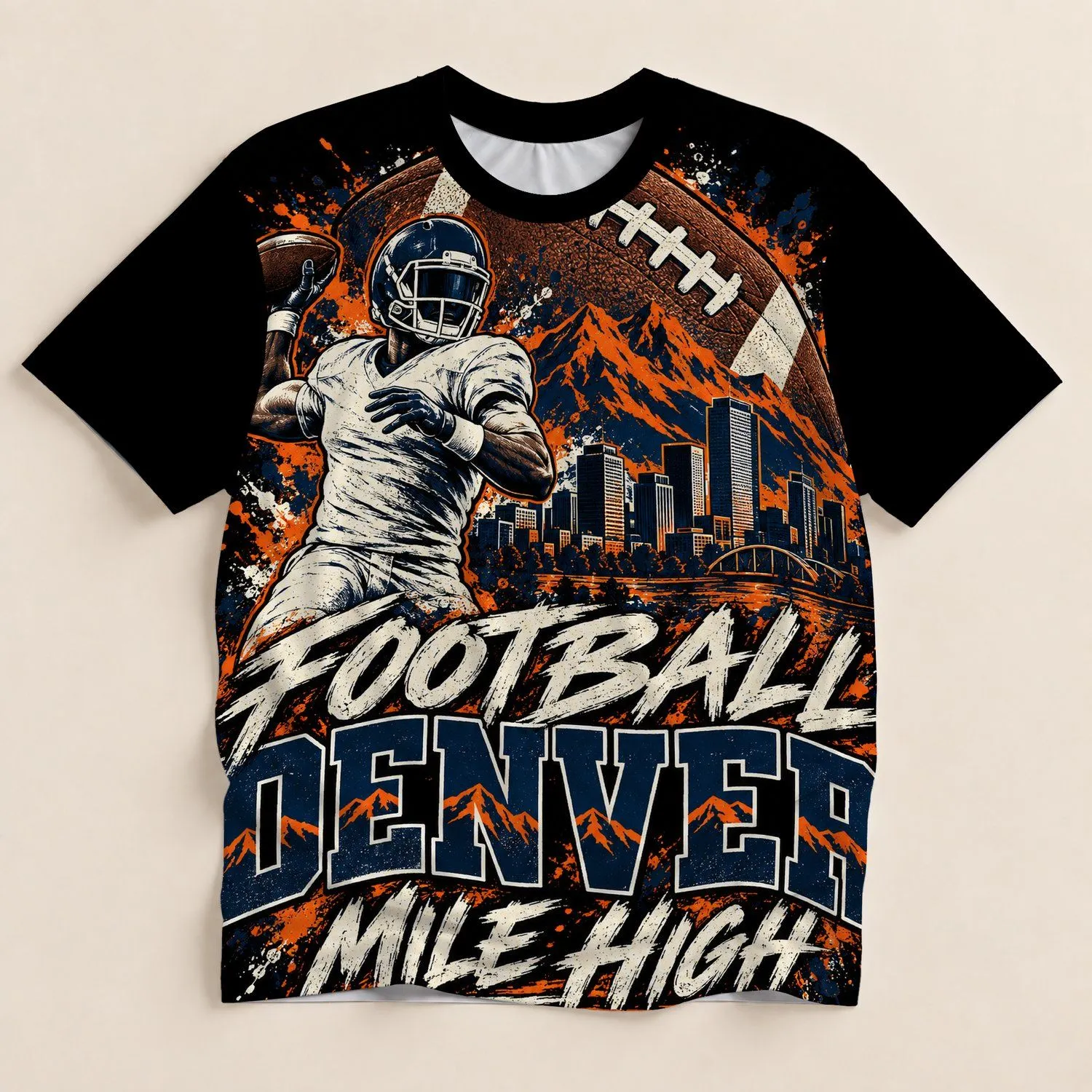 Denver Football Skyline And Mountain Scene For Game Day Fans And Colorado Travelers All-over Print Unisex T-shirt - 1