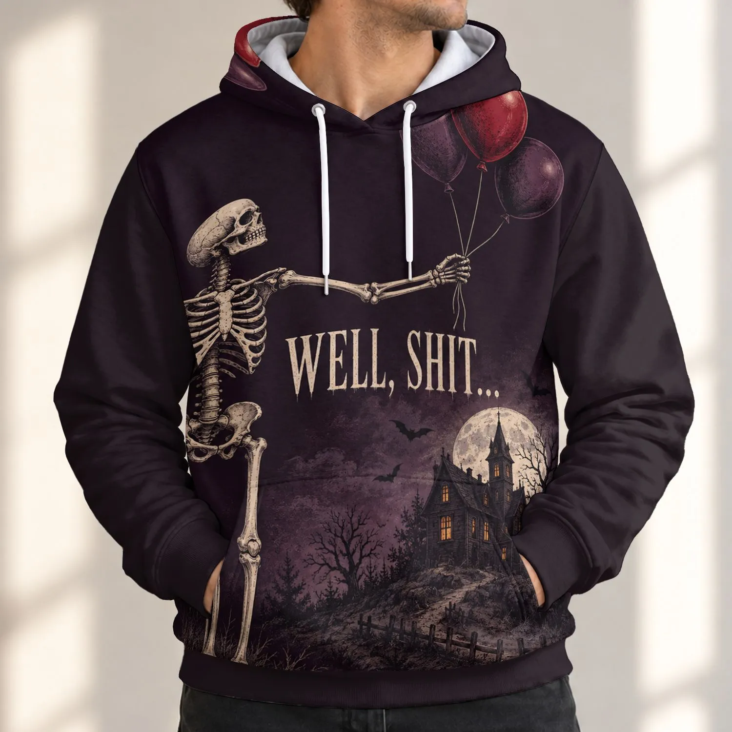 Skeleton Balloons and Haunted House for Halloween Parties and Spooky Autumn Nights All-over Print Hoodie (Lightweight) - 1