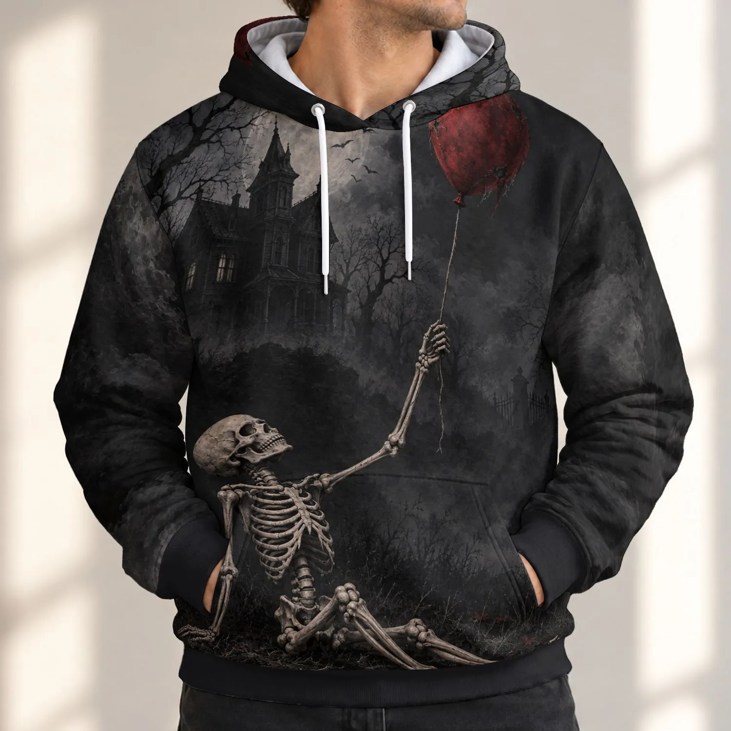 Seated Skeleton With Red Balloon for Spooky Halloween Night Gatherings All-over Print Hoodie (Lightweight) - 1