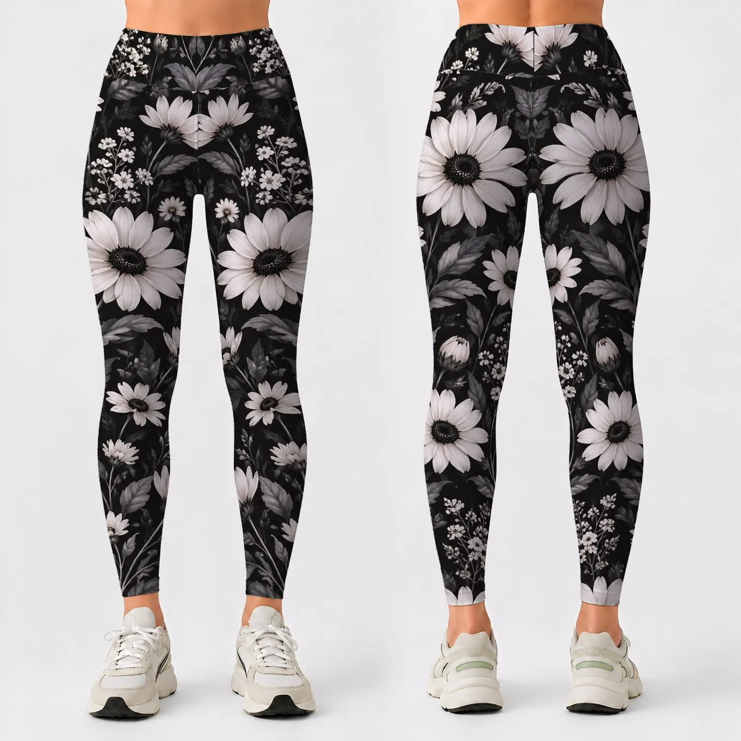 Black And White Daisy Blooms for Yoga Pilates and Everyday Casual Style for Women Leggings - 1