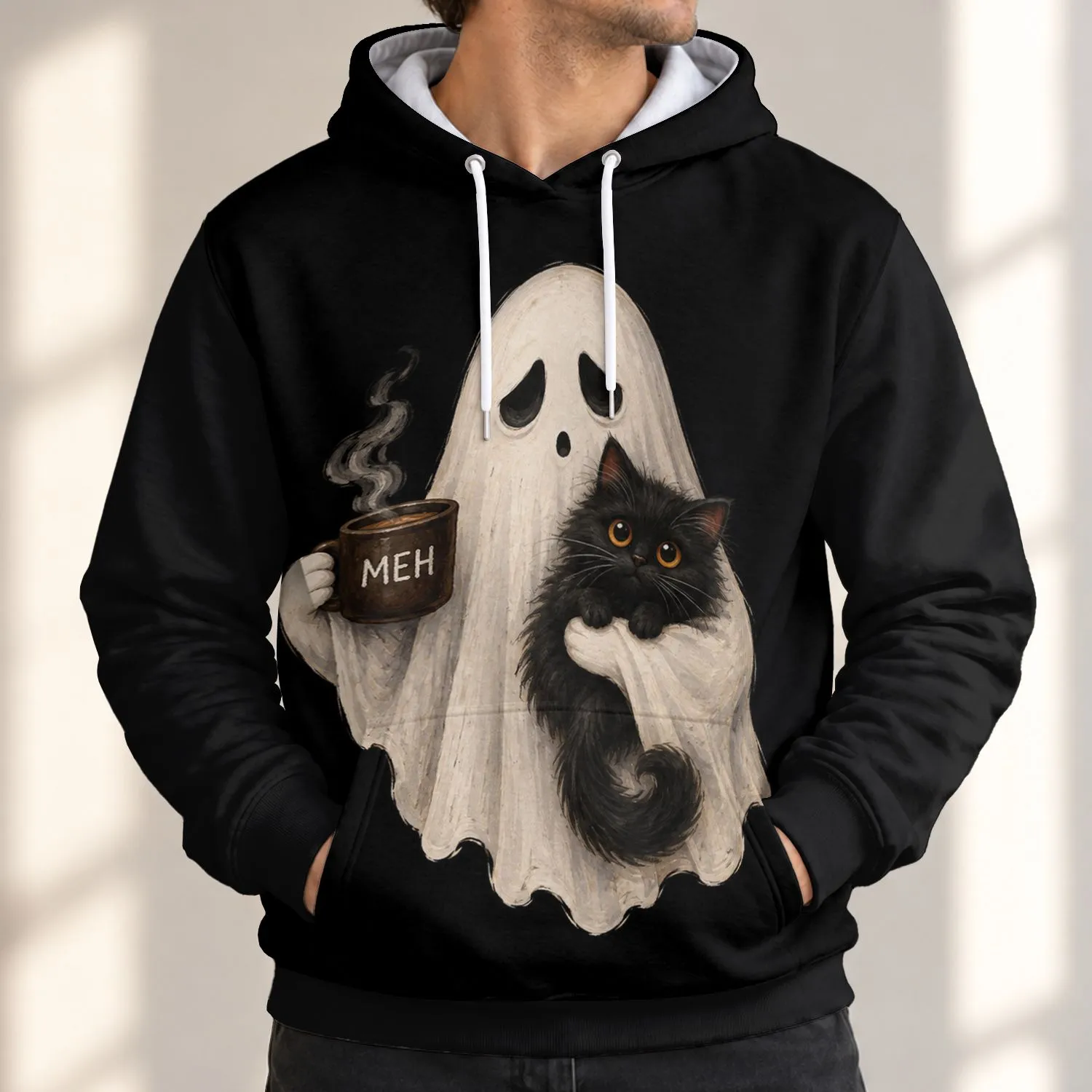 Ghost Hugging Black Cat with Coffee Mug for Cozy Halloween Nights and Fall Gatherings All-over Print Hoodie (Lightweight) - 1