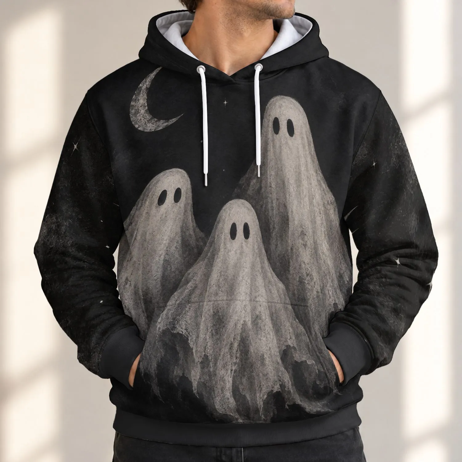 Three Ghosts Beneath a Crescent Moon for Halloween Nights and Cozy Autumn Evenings All-over Print Hoodie (Lightweight) - 1