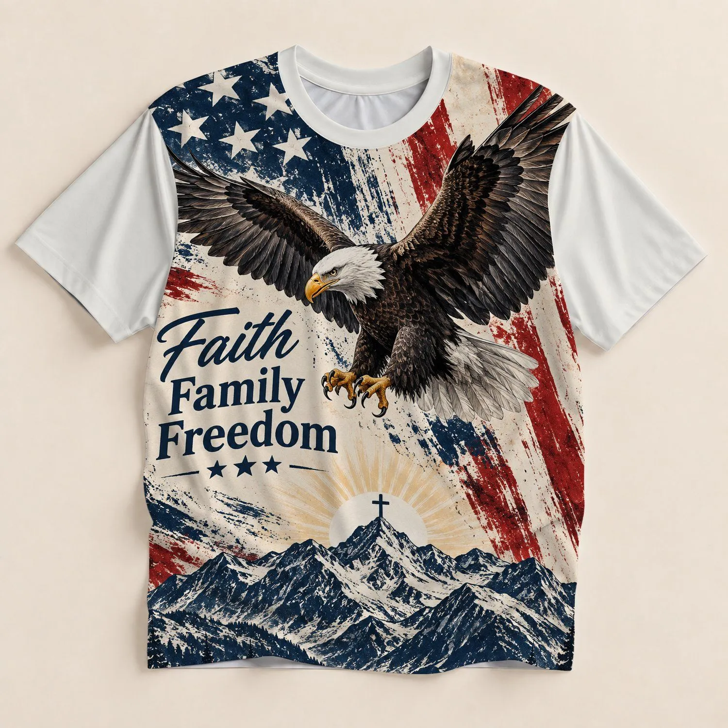 Bald Eagle, Cross and Mountain Faith for Family Freedom and Patriotic Outdoor Wear All-over Print Unisex T-shirt - 1