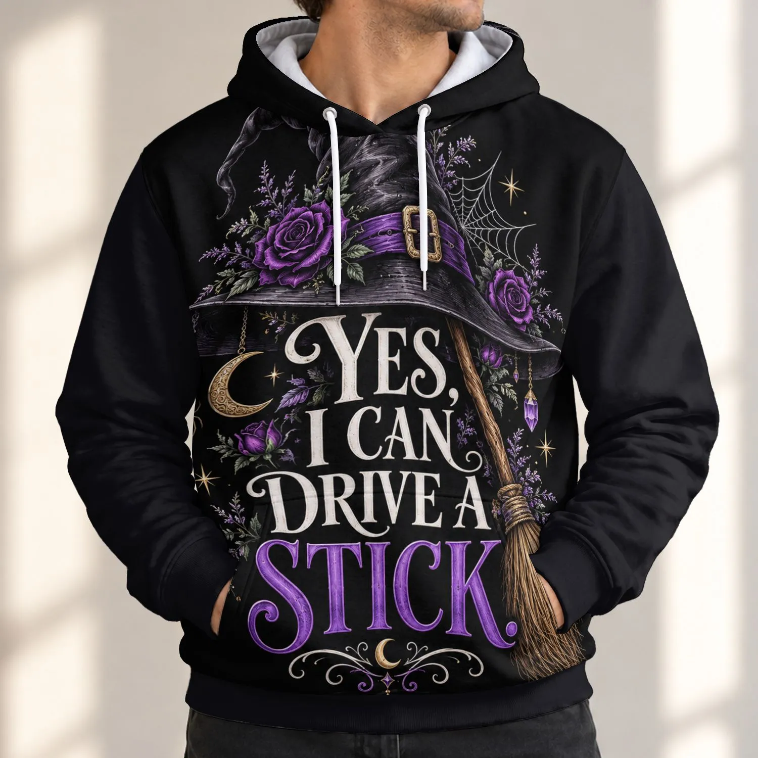 Witch Hat, Broom and Floral Moon Motifs for Halloween Gatherings and Cozy Autumn Nights All-over Print Hoodie (Lightweight) - 1