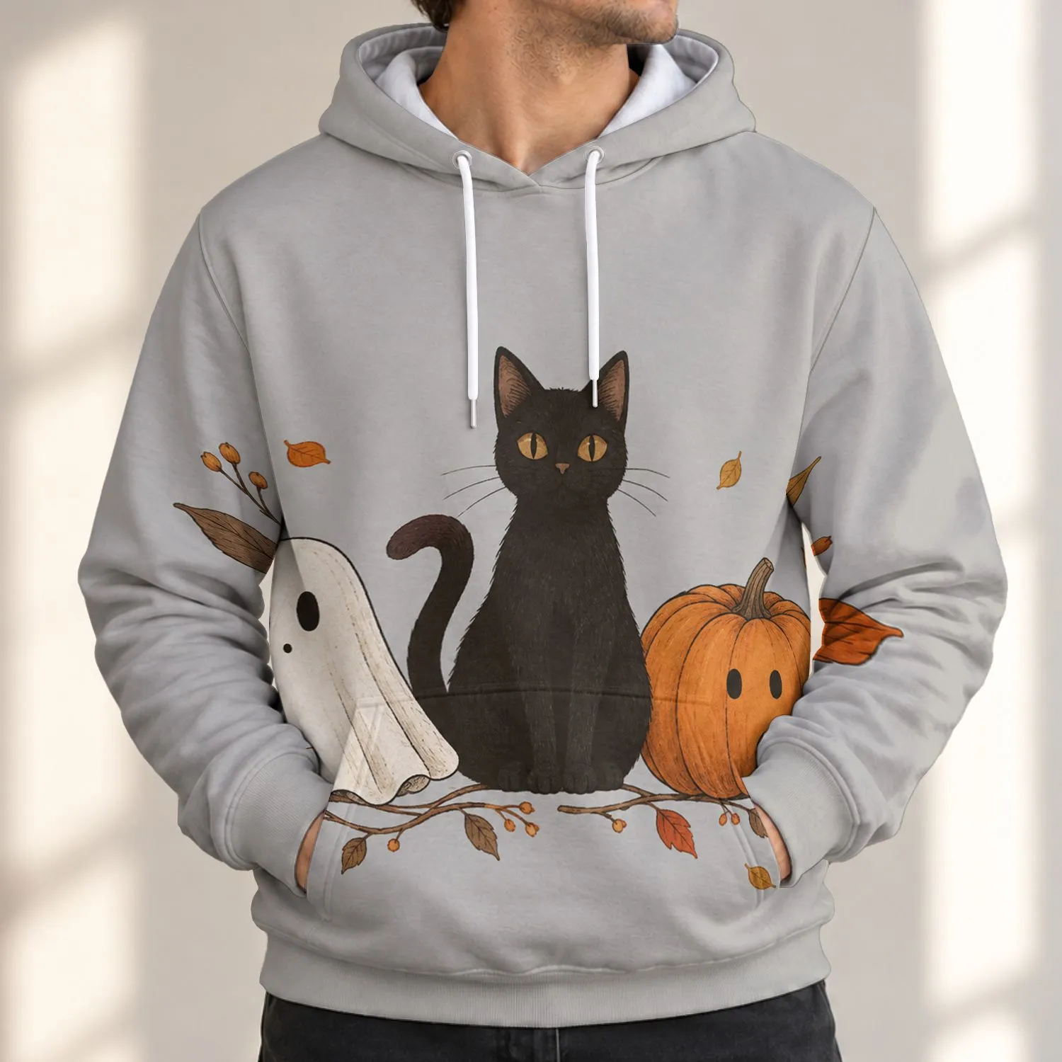 Ghost Cat and Pumpkin Halloween Artwork for Cozy Autumn Celebrations and Parties All-over Print Hoodie (Lightweight) - 1