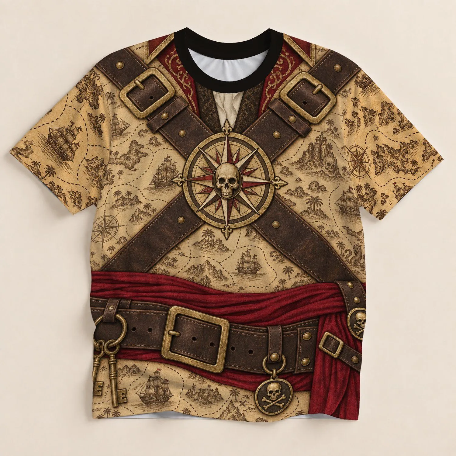 Pirate Skull Compass Treasure Map for Costume Parties and Themed Events All-over Print Unisex T-shirt - 1