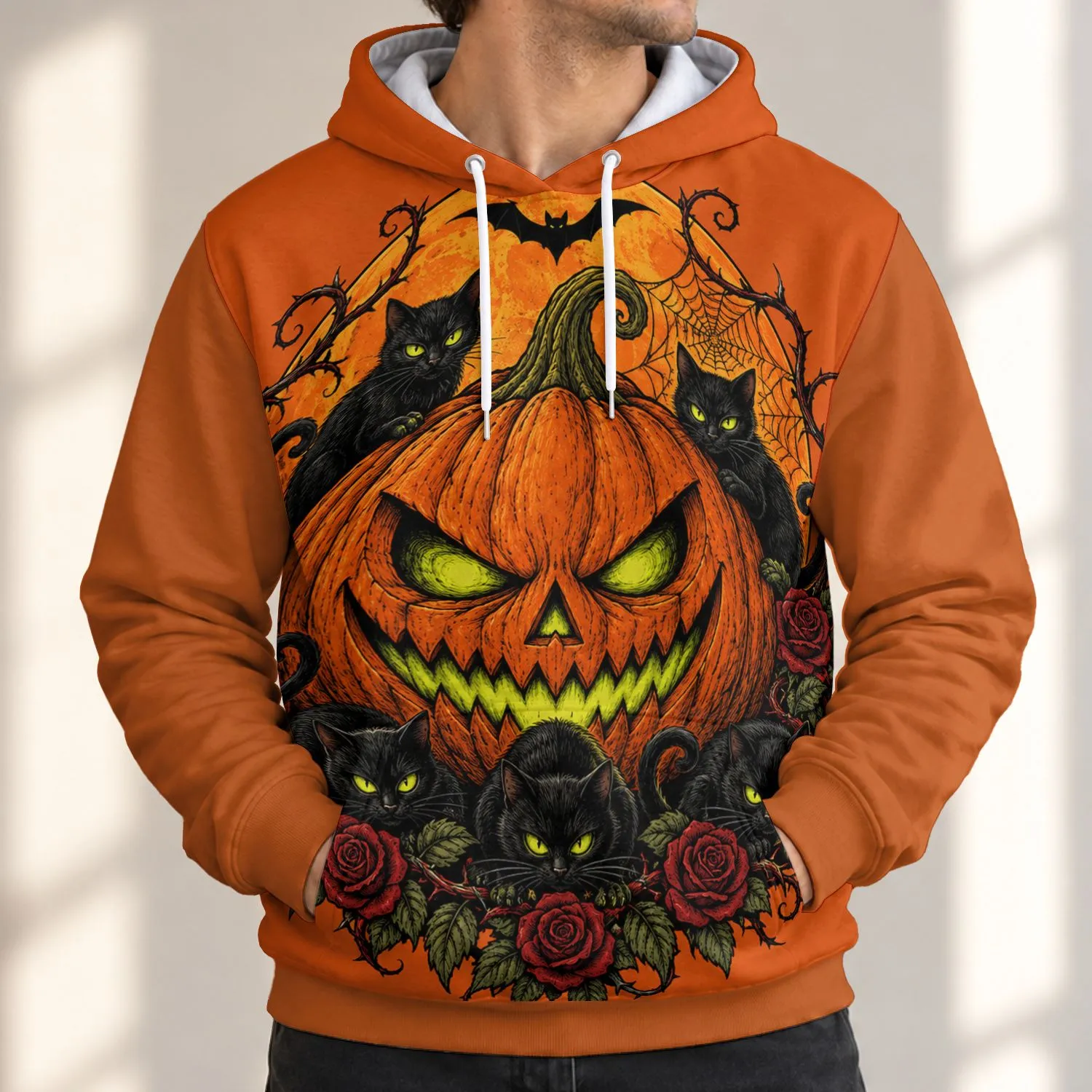 Spooky Pumpkin, Black Cats and Roses for Halloween Nights and Autumn Celebrations All-over Print Hoodie (Lightweight) - 1