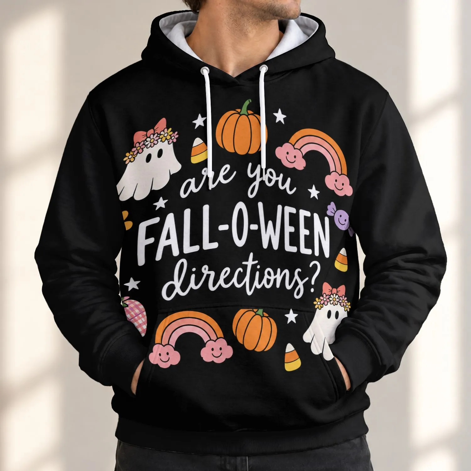 Cute Halloween Ghosts, Pumpkins and Candy Corn for Cozy Autumn Seasonal Style All-over Print Hoodie (Lightweight) - 1
