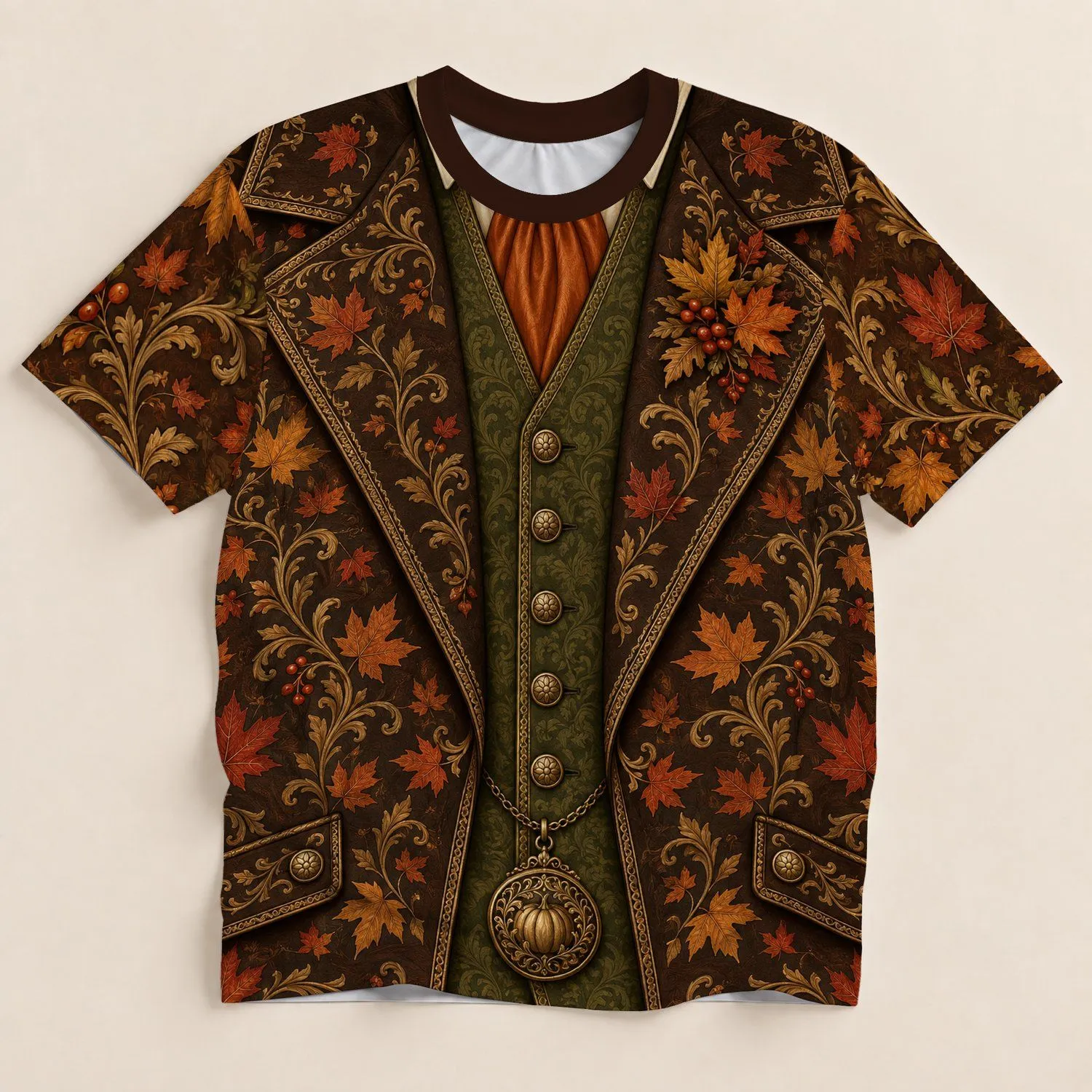 Autumn Maple Leaf Pumpkin Faux Suit for Thanksgiving Gatherings and Fall Celebrations All-over Print Unisex T-shirt - 1