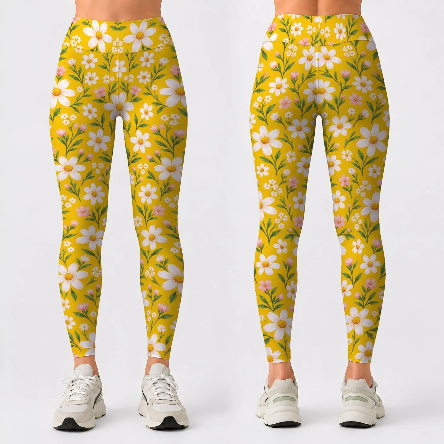 Small White Daisies On Yellow For Yoga Pilates And Everyday Spring Style Leggings - 1