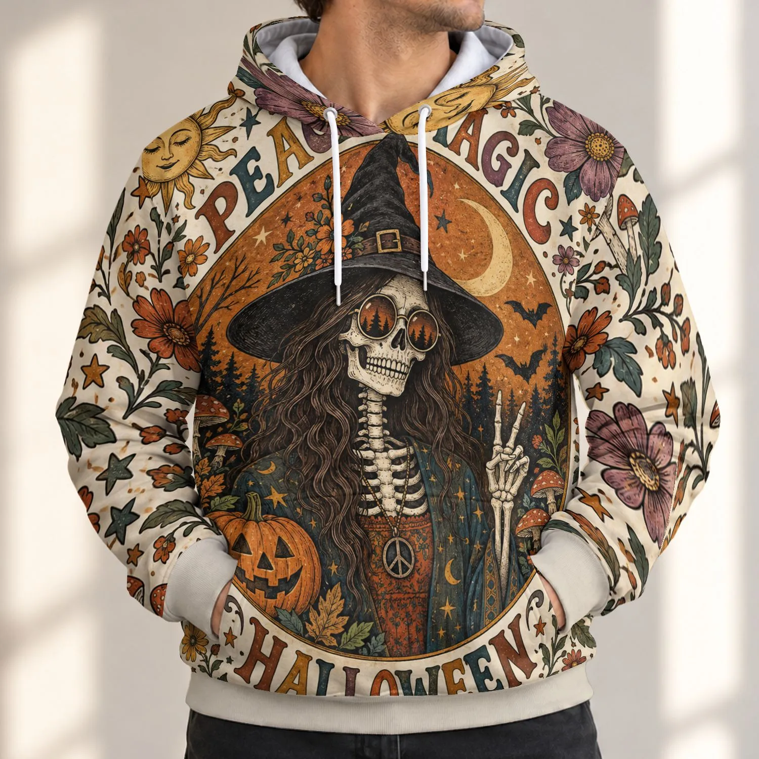 Skeleton Witch Peace Magic Halloween Bohemian Retro Fall Festival Style for Spooky Season All-over Print Hoodie (Lightweight) - 1