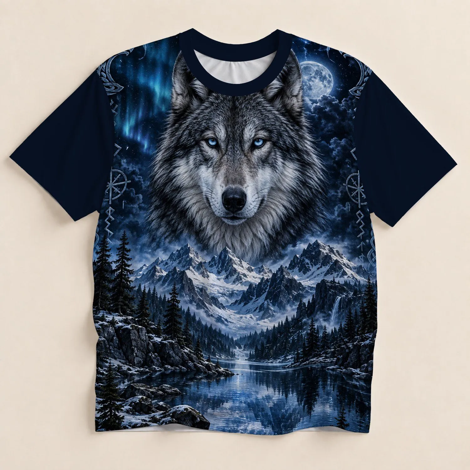 Blue-Eyed Wolf and Snowy Mountain Valley for Hiking, Camping, and Outdoor Adventures All-over Print Unisex T-shirt - 1