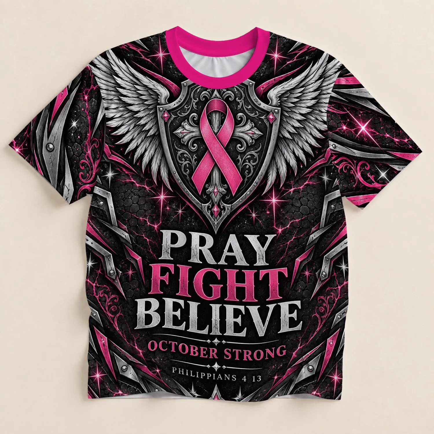 Pink Ribbon Faith Shield for Breast Cancer Awareness and October Encouragement Gifts All-over Print Unisex T-shirt - 1