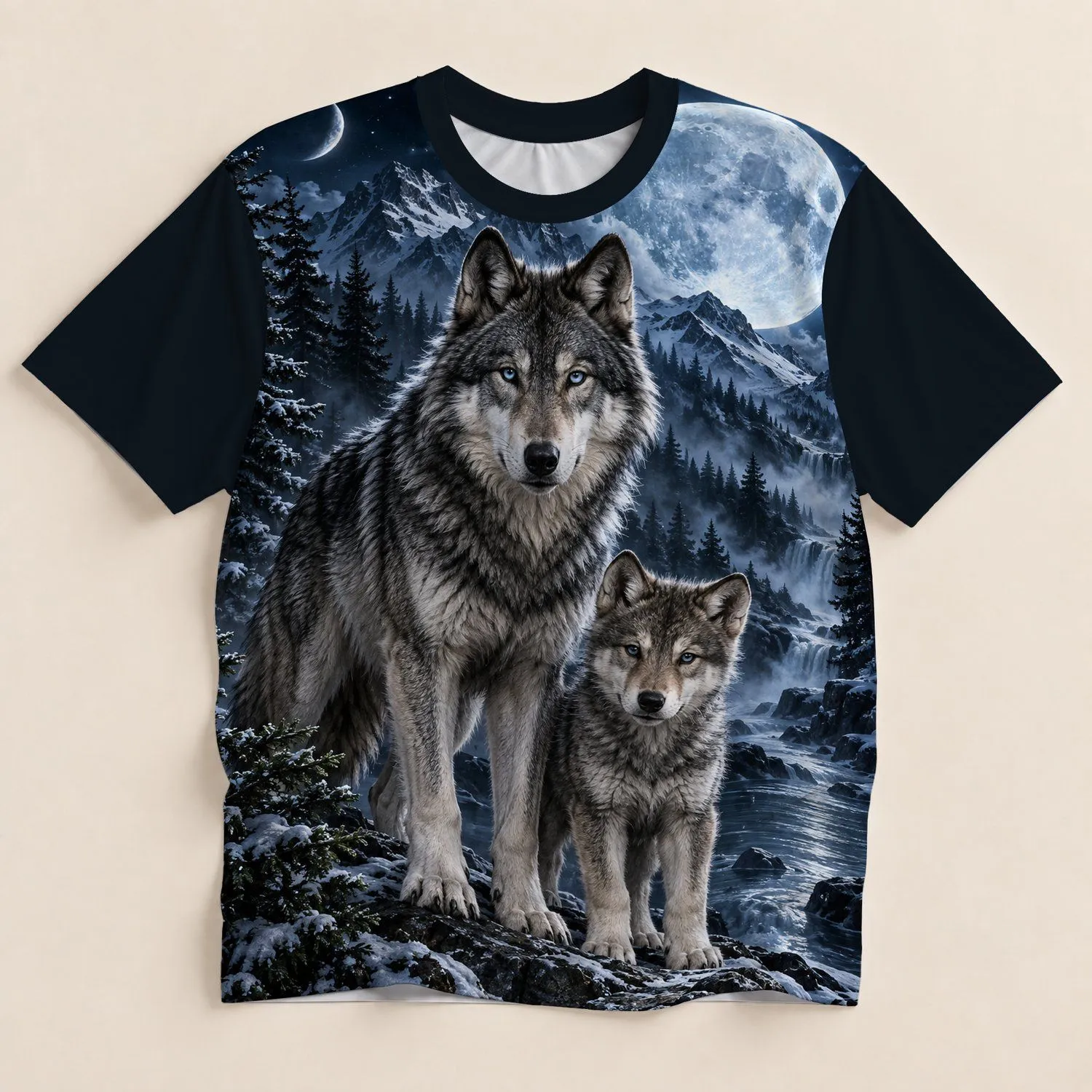 Moonlit Wolves in a Snowy Forest for Outdoor Adventure and Nature Lovers All-over Print Unisex T-shirt - 1