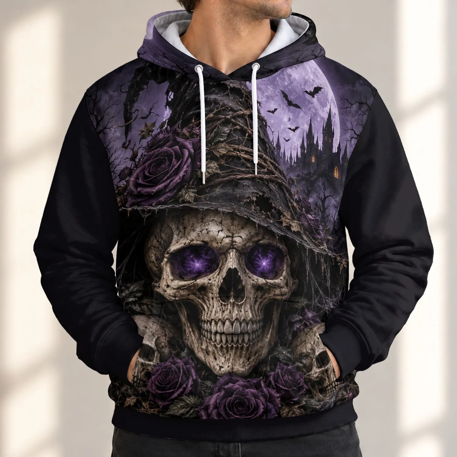 Gothic Skull Witch Hat and Moonlit Bats for Halloween Nights, Dark Fantasy Fans All-over Print Hoodie (Lightweight) - 1