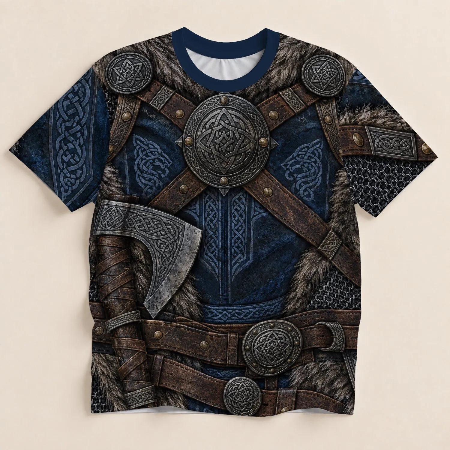 Nordic Armor, Axe and Celtic Knots for Outdoor Adventures and Heritage Fans All-over Print Unisex T-shirt - 1