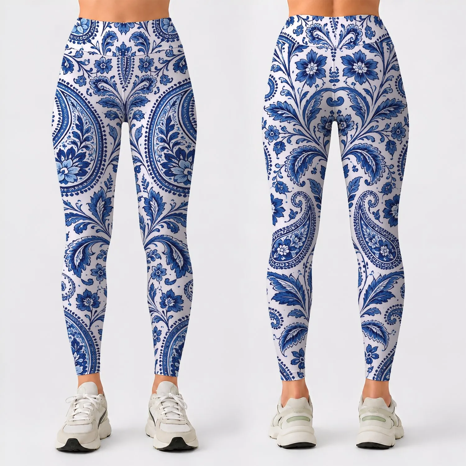 Blue And White Paisley Motifs For Yoga, Pilates, Travel And Everyday Casual Wear Leggings - 1
