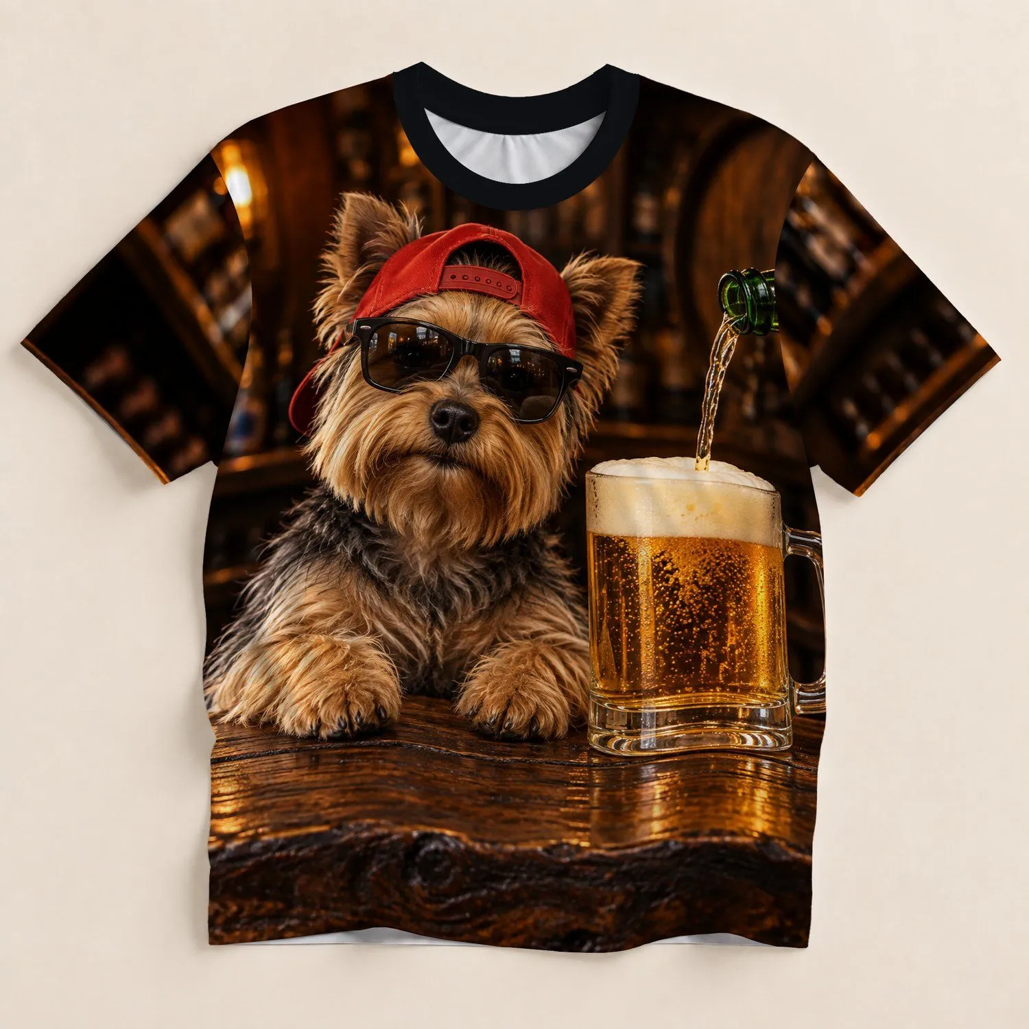 Yorkshire Terrier in Sunglasses with Beer for Funny Pub Nights and Dog Lovers All-over Print Unisex T-shirt - 1