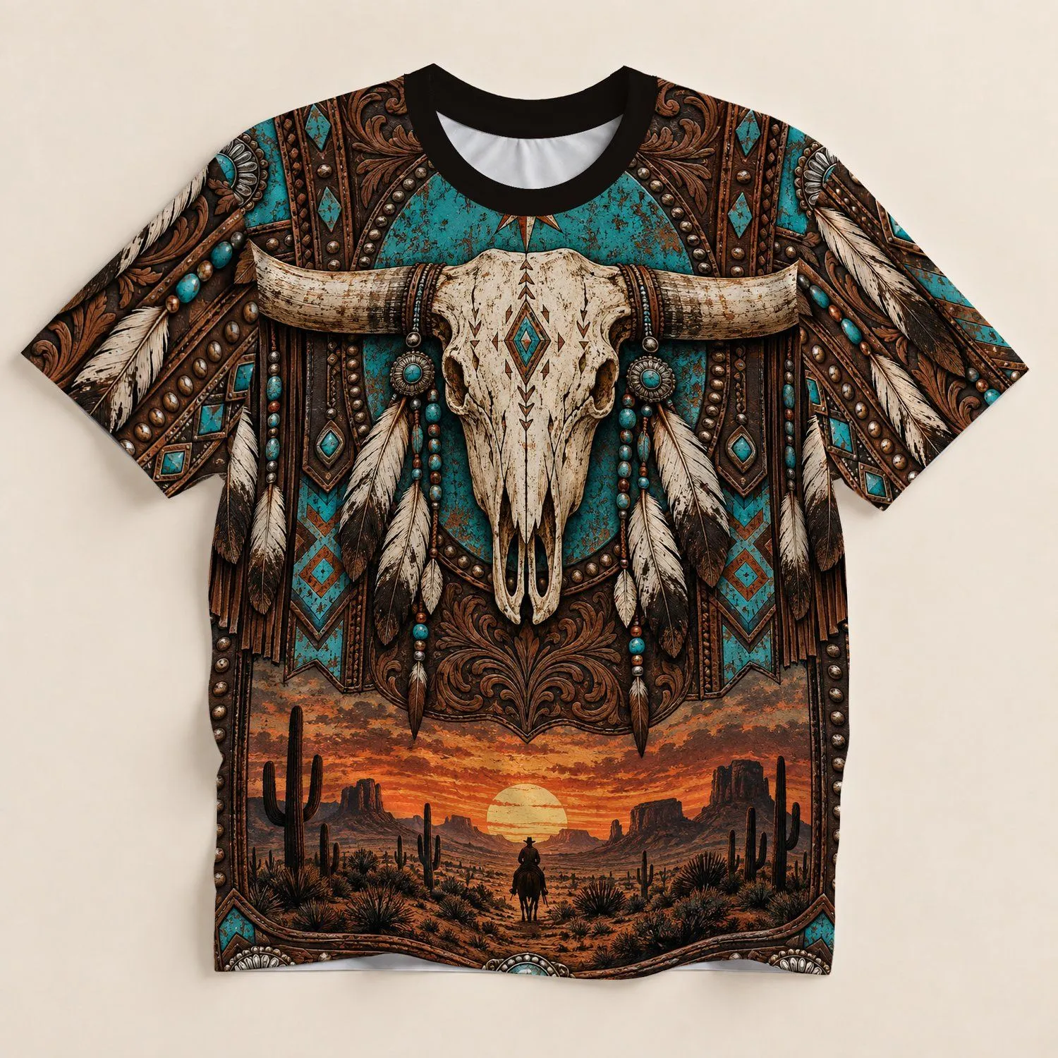 Western Bull Skull and Desert Rider for Ranch Days, Rodeos and Outdoor Adventures All-over Print Unisex T-shirt - 1