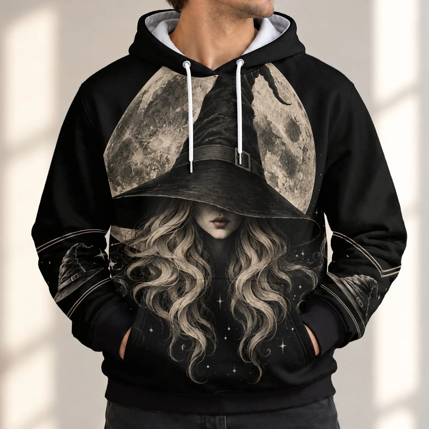 Witch Hat Crescent Moon Celestial Night for Autumn Parties and Cozy Evenings All-over Print Hoodie (Lightweight) - 1