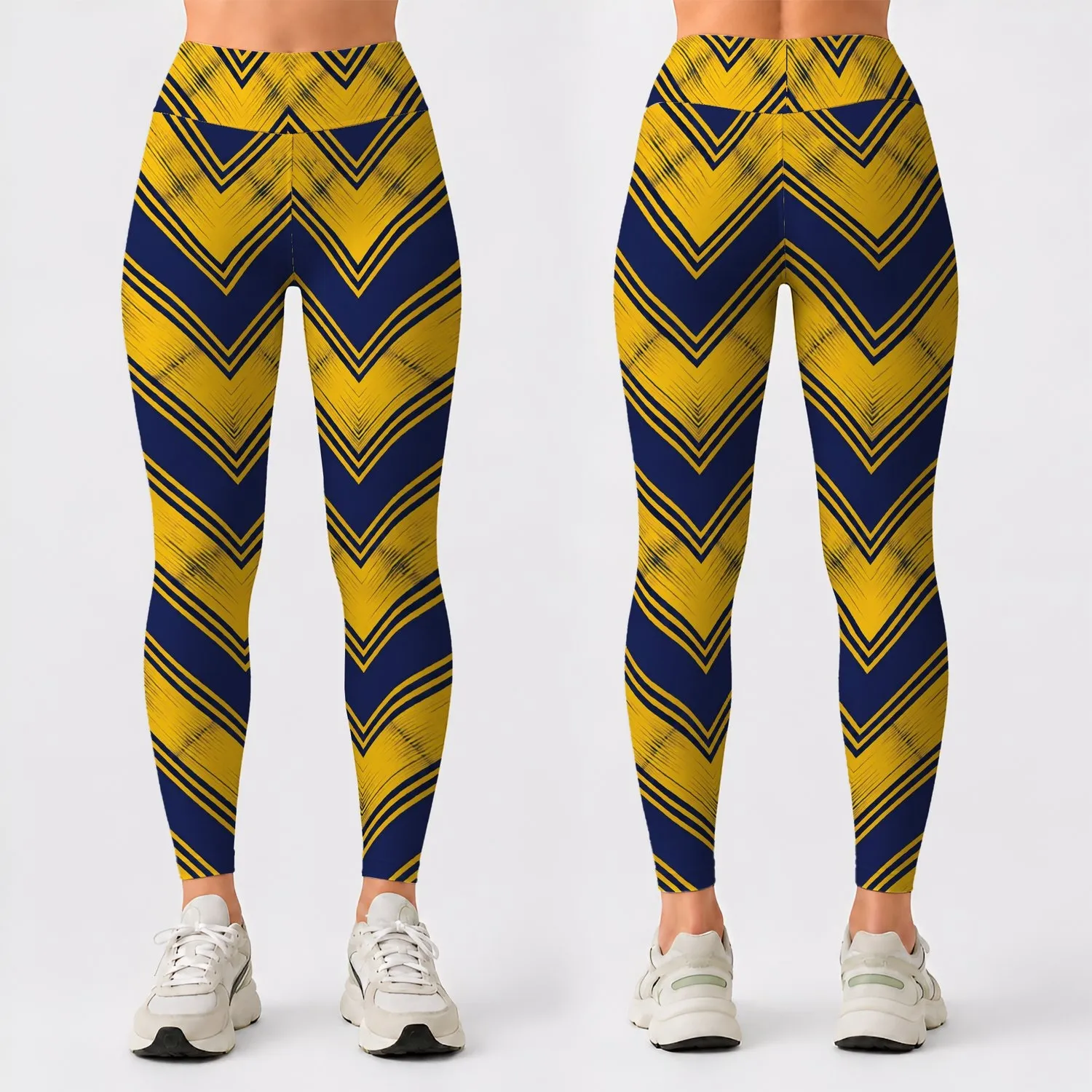 Navy Blue And Golden Yellow Chevron Stripes For Yoga, Pilates And Everyday Wear Leggings - 1