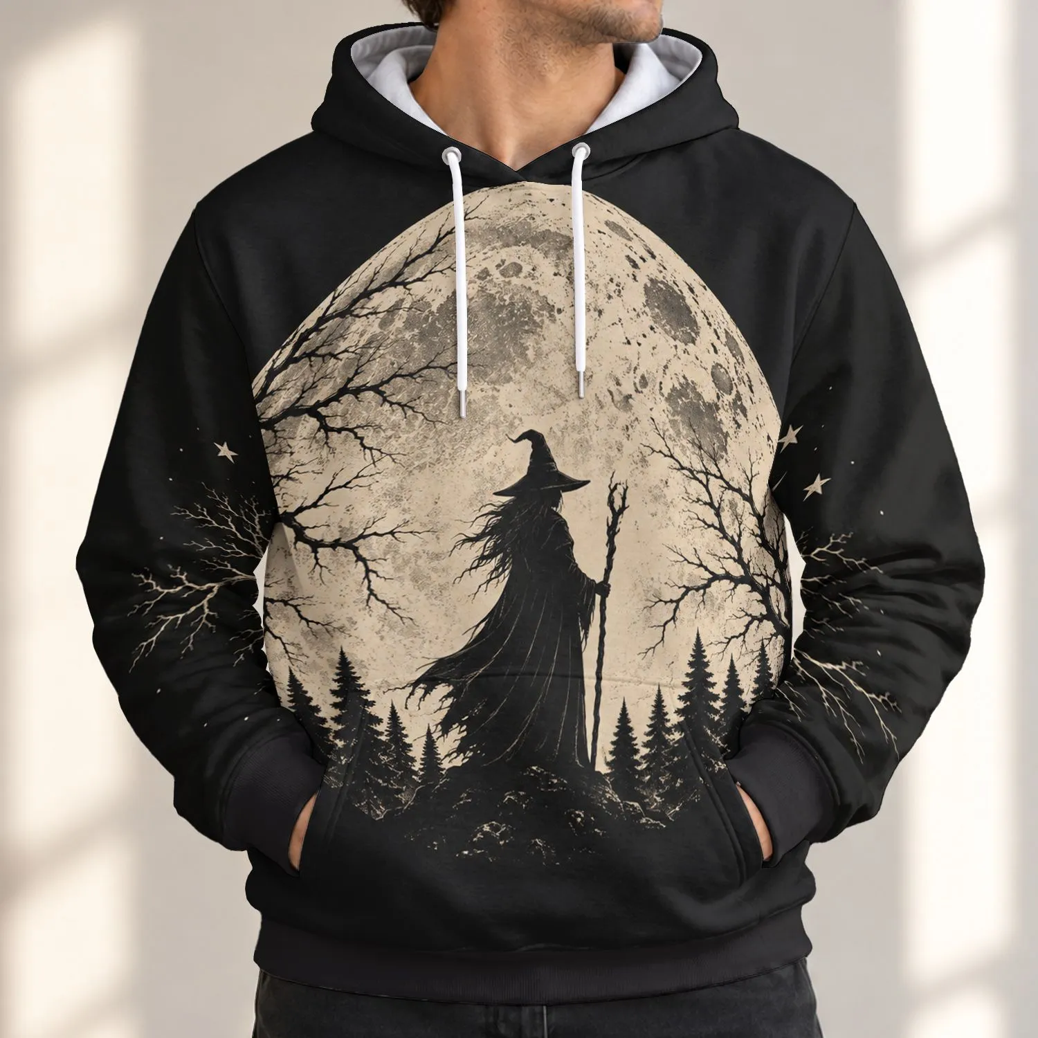 Crescent Moon Witch and Bare Tree Night Scene for Autumn Halloween Evenings All-over Print Hoodie (Lightweight) - 1