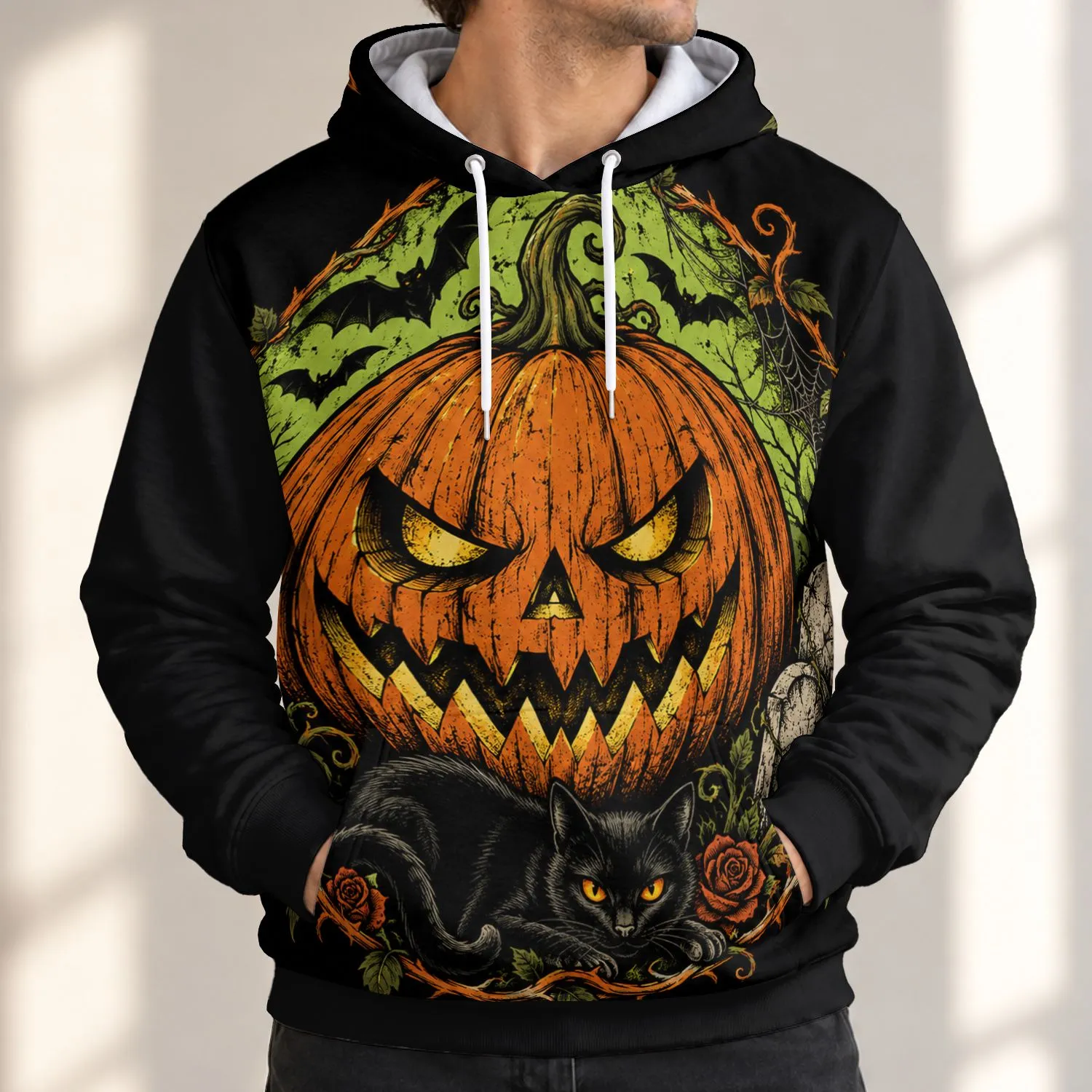 Sinister Pumpkin, Black Cat & Bat Halloween Scene for Spooky Autumn Nights and Parties All-over Print Hoodie (Lightweight) - 1