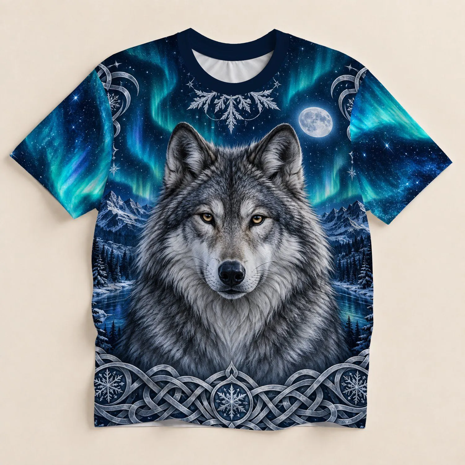 Silver Wolf and Aurora Night Sky for Winter Stargazing and Celtic Style Lovers All-over Print Unisex T-shirt - 1
