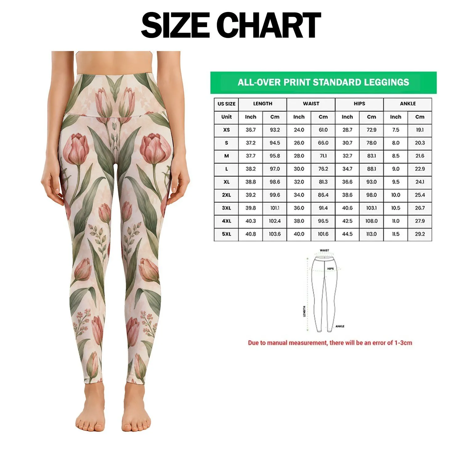 Dusty Rose Tulips and Sage Green Foliage for Yoga, Pilates, and Everyday Activewear Leggings - 1